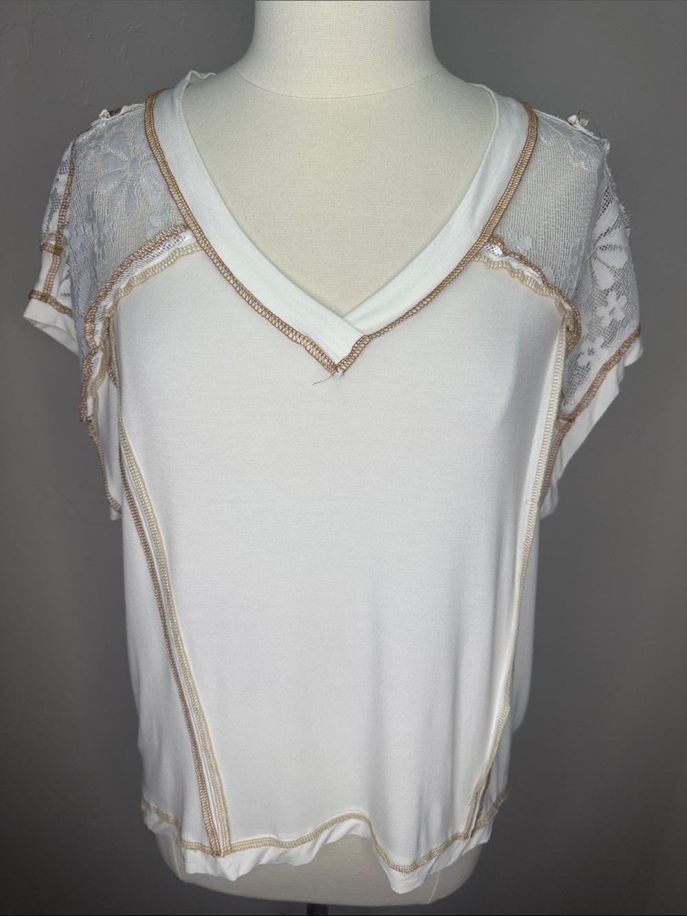 POL Ivory V-Neck Top with Tan Stitching & Lace Detail on Front & Back Oversized